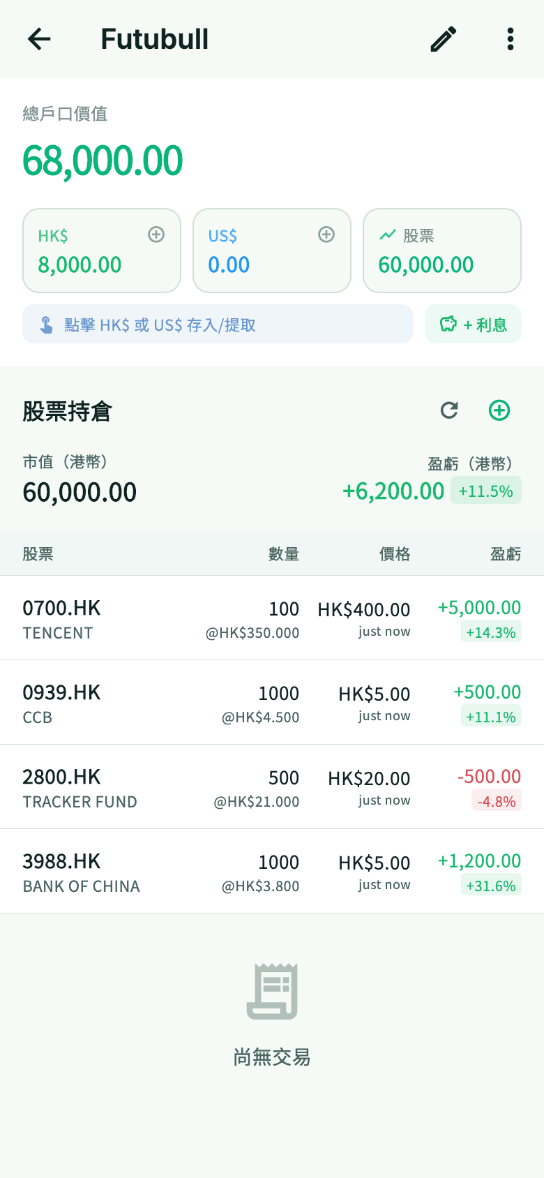 Ching 投資與資產實際 App 畫面，使用示範資料