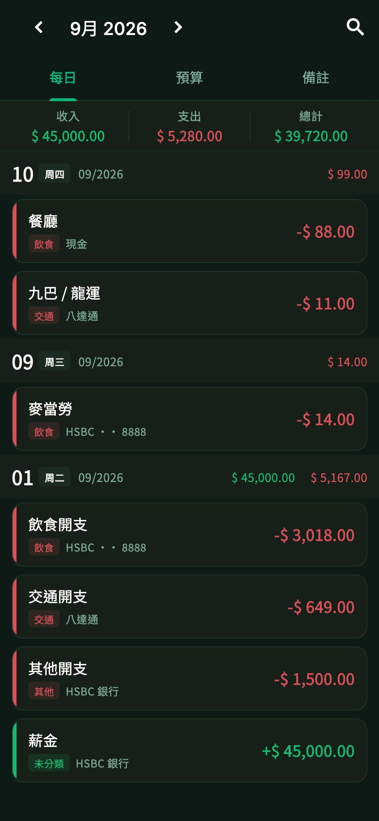 Ching 帳目實際 App 畫面，使用示範資料